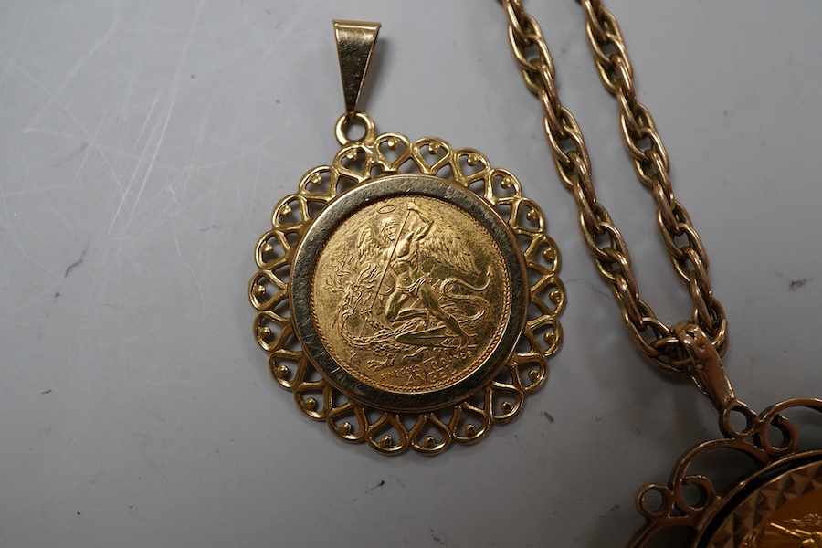 Two gold coin pendants, comprising: a pendant set with a sovereign coin dated 1978, mounted in 9ct gold gold, to a chain necklace, pendant length 4cm, British hallmarks, chain length 53cm, clasp stamped 9CT, gross weight